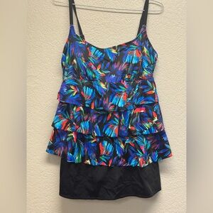 Women’s Black Floral Multi-Color Tiered Tankini Top  shorts bathing suit